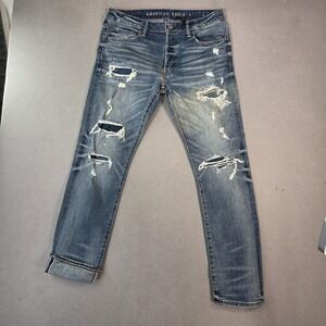 American Eagle Selvedge Jeans Blue Thrashed Destroyed Slim Straight Fits 32x30